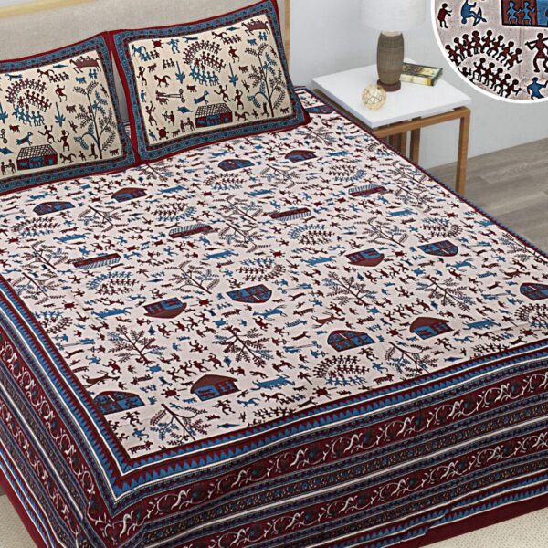 Bagru Warli Block Print Double Bedsheet