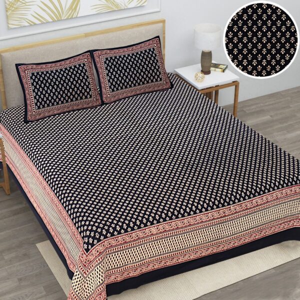 Bagru Black Cotton Double Bedsheet