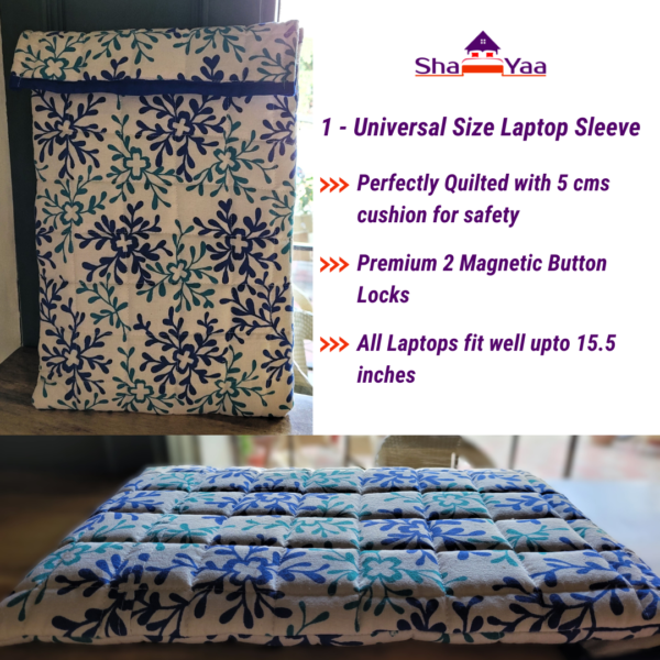 Floral Blue 100% Cotton Laptop Sleeve - Image 4