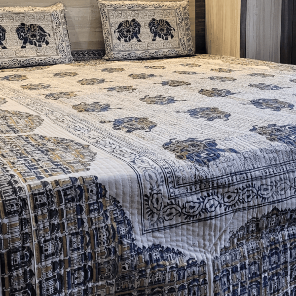 Royal Reversible Blue Heritage Quilted Double Bed Cover - Image 3