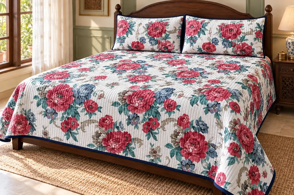 Glory quilted cotton bed cover with matching pillow covers — design 6