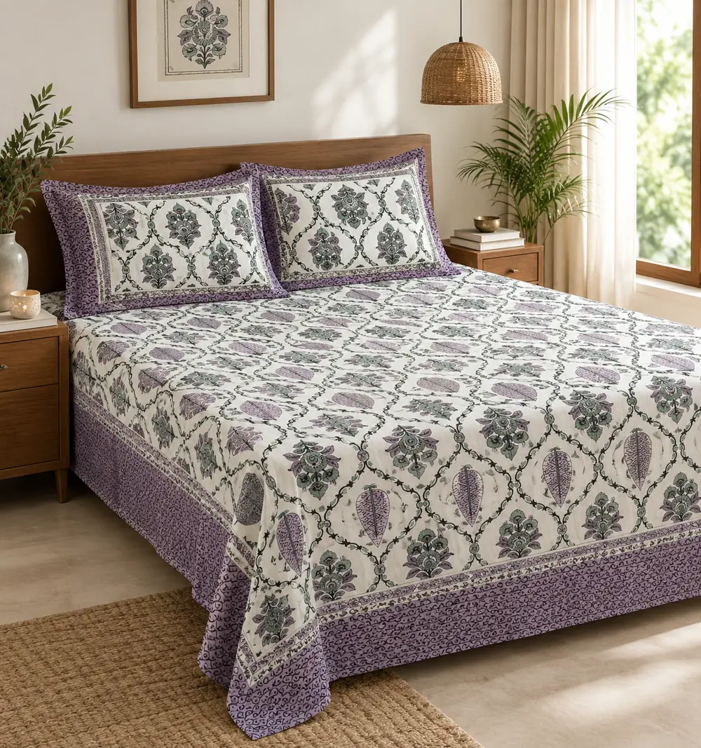 Cream, green and purple botanical bedding with a patterned border