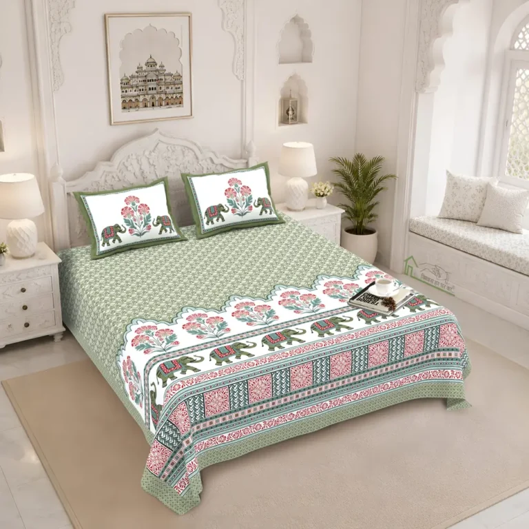 Green printed bedding with a floral border