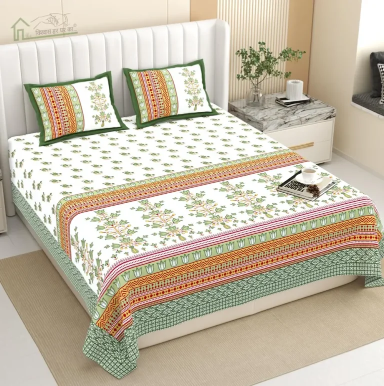 Green and pink floral bedding with coordinated pillow covers