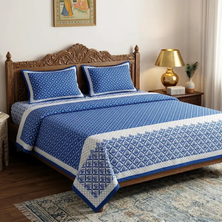 Blue and white printed bedding in a light bedroom