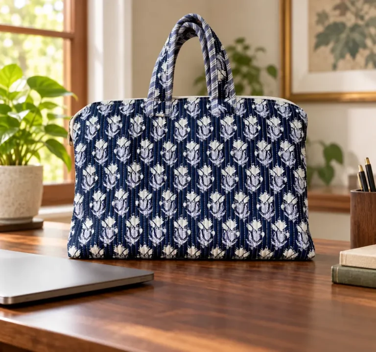 Navy and white printed laptop bag on a wooden desk