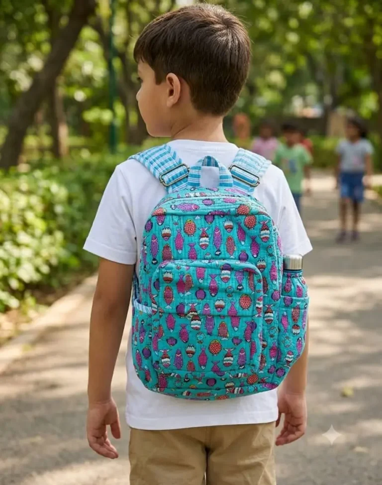 Child wearing a turquoise printed backpack