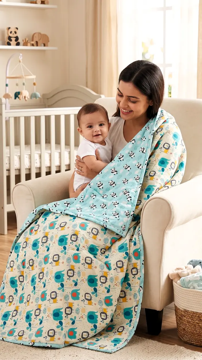 Mother holding her baby with a printed dohar while seated