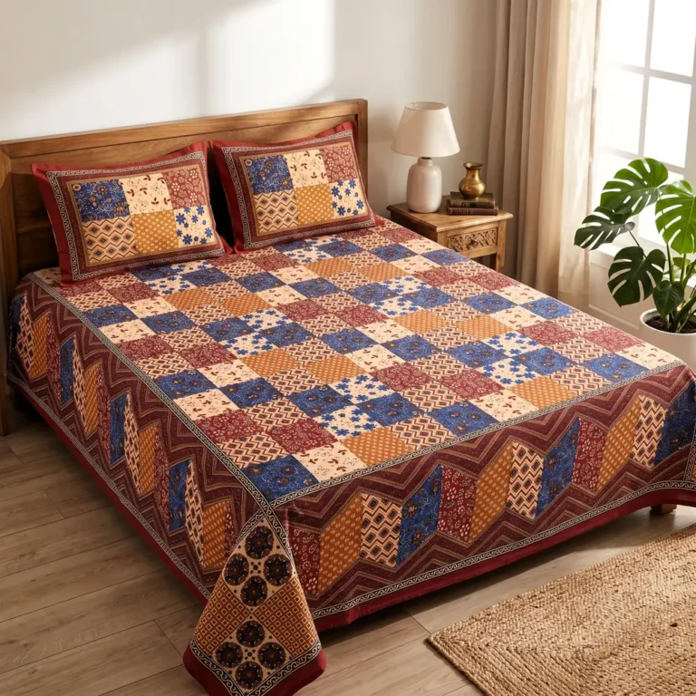 Rust and navy patchwork-print bedding on a wooden bed