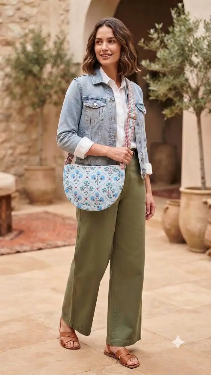 Woman wearing a printed sling bag outdoors