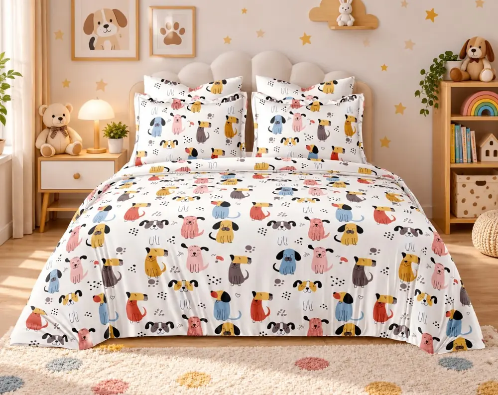 Colourful puppy-print kids bedding in a warm bedroom