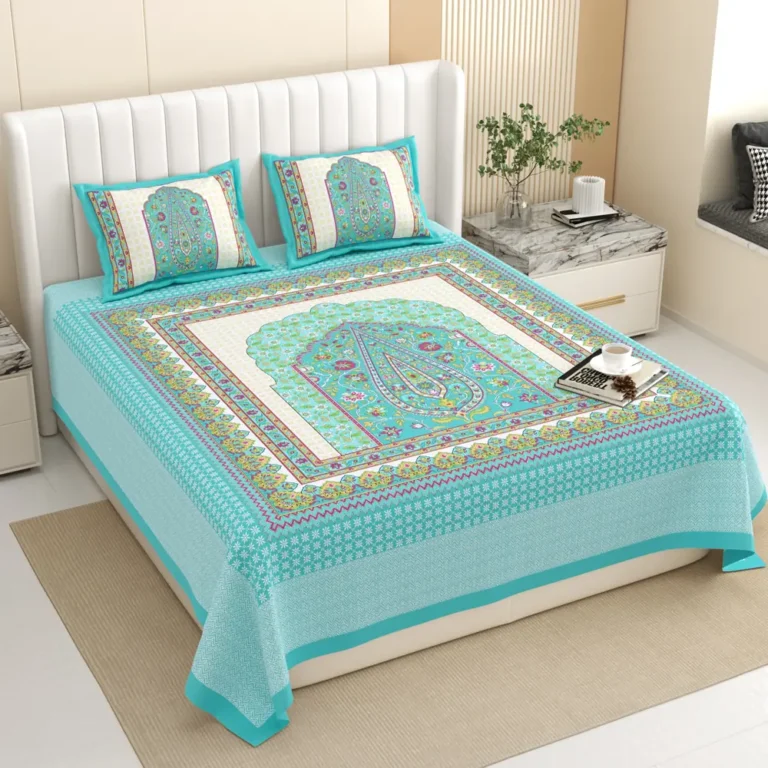 Turquoise fitted bedding with a central patterned design