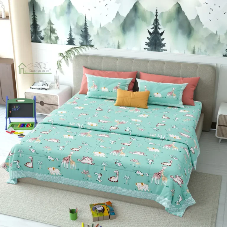 Turquoise kids bedding in a playful bedroom