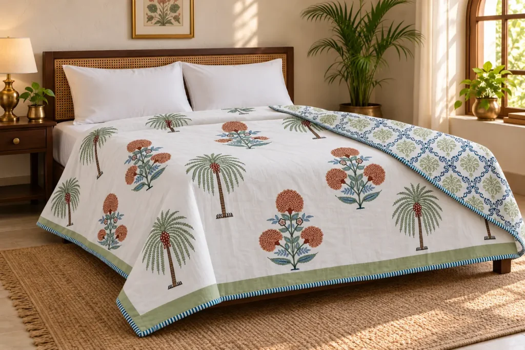 Pratham Mulmul Dohar — dohar styled on a double bed, collection photograph 6