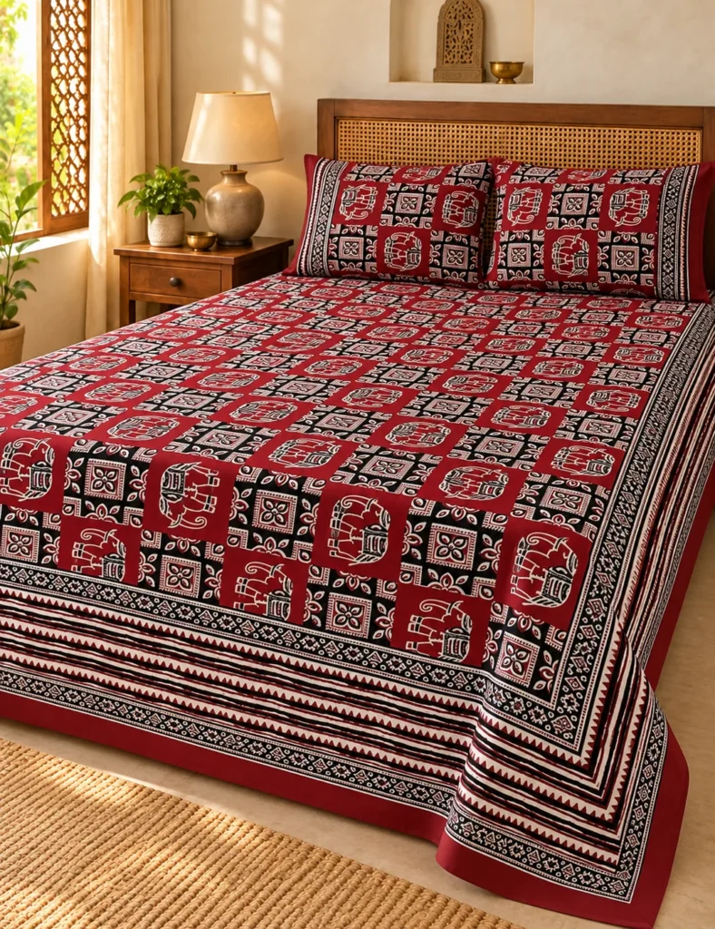 Sanganeri print cotton double bedsheet and matching pillow covers — design 6