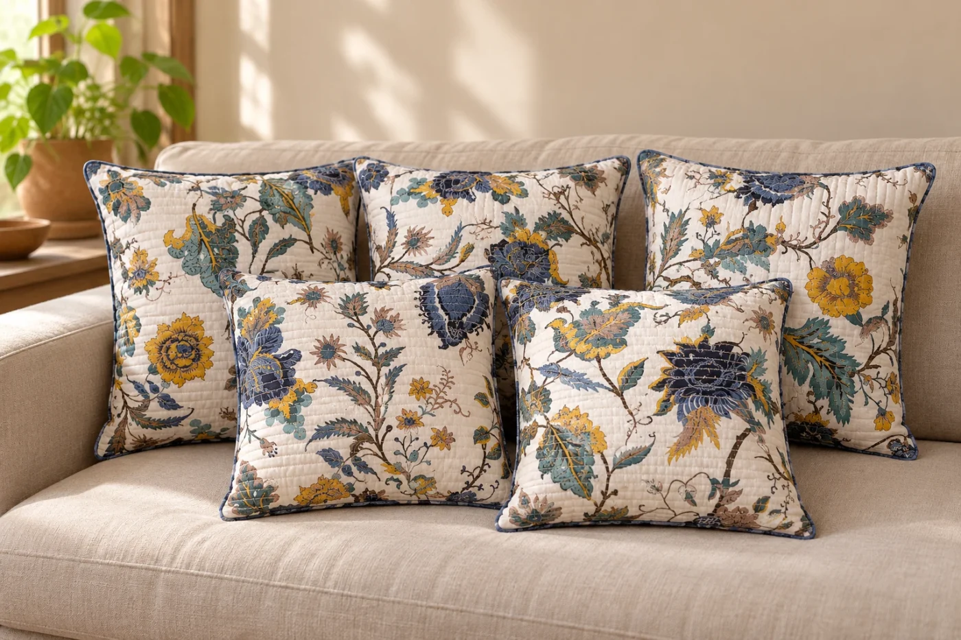 Botanical cushion covers on a sofa; illustrative styling scene