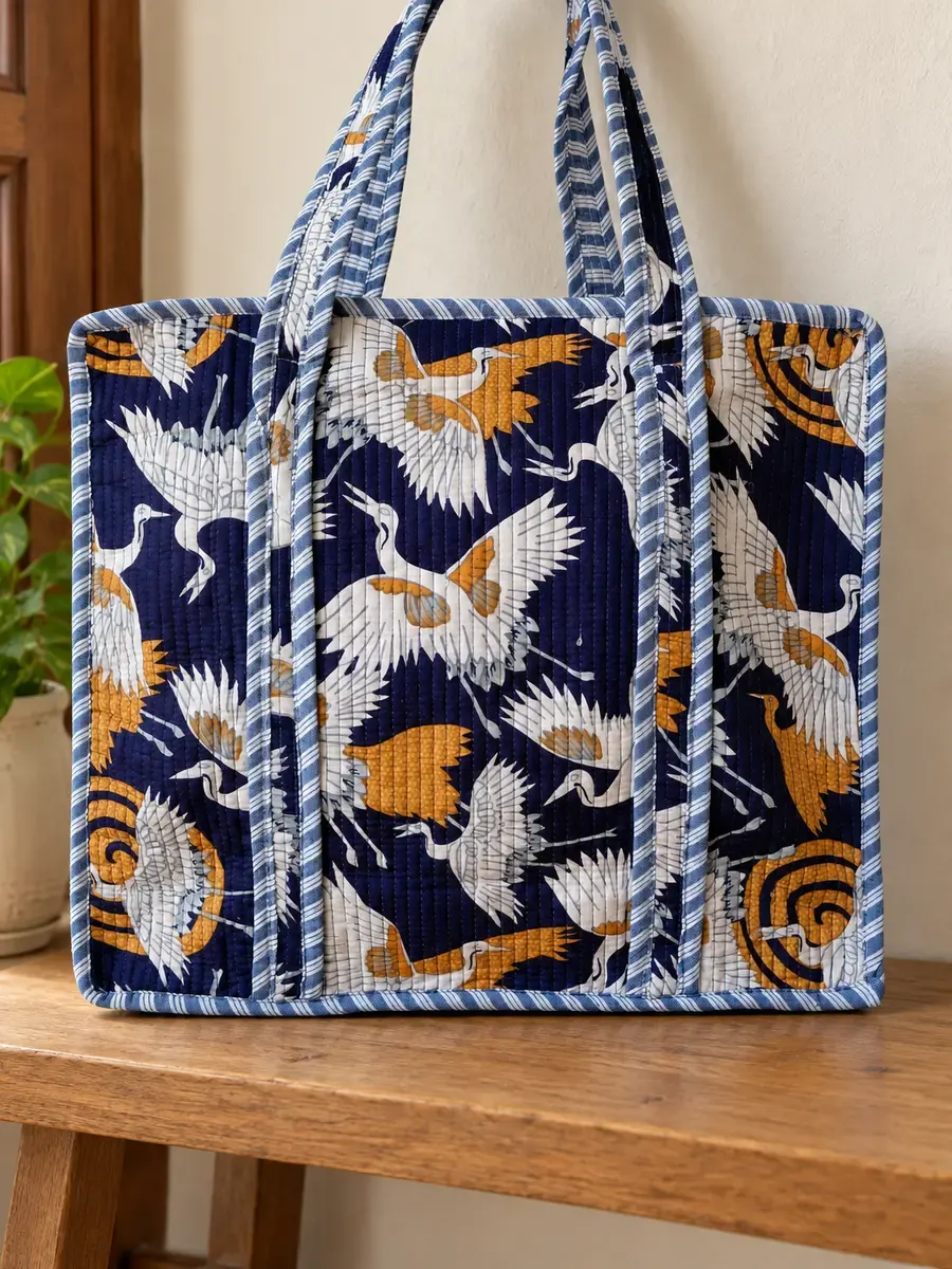 Quilted crane-print tote bag