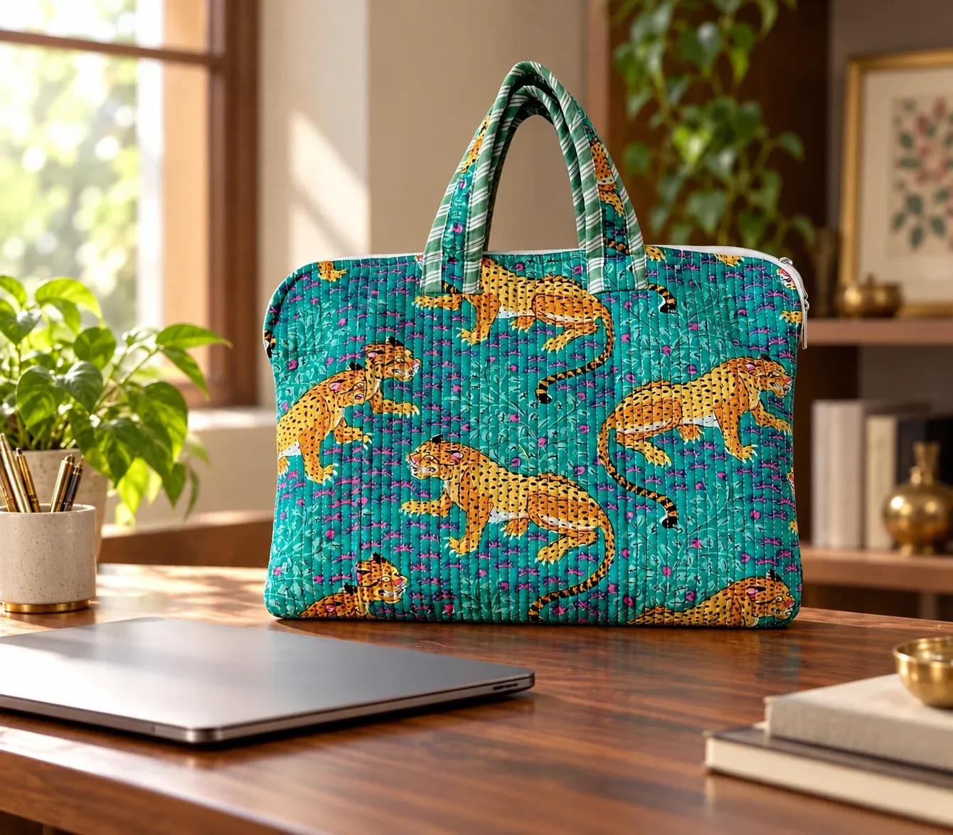 Teal handblock printed laptop bag in a daylight desk setting