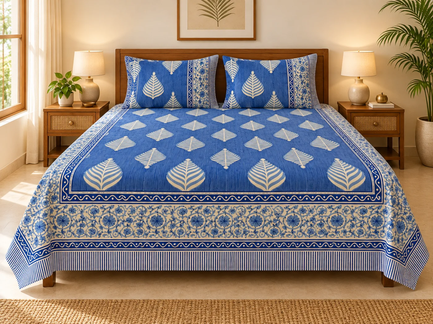 Blue and cream Hasthakala cotton bedsheet shown on a bed