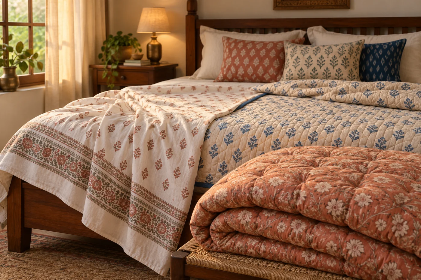 A light cotton dohar, a stitched quilt and a fuller rajai shown together on a warm Indian bedroom bed