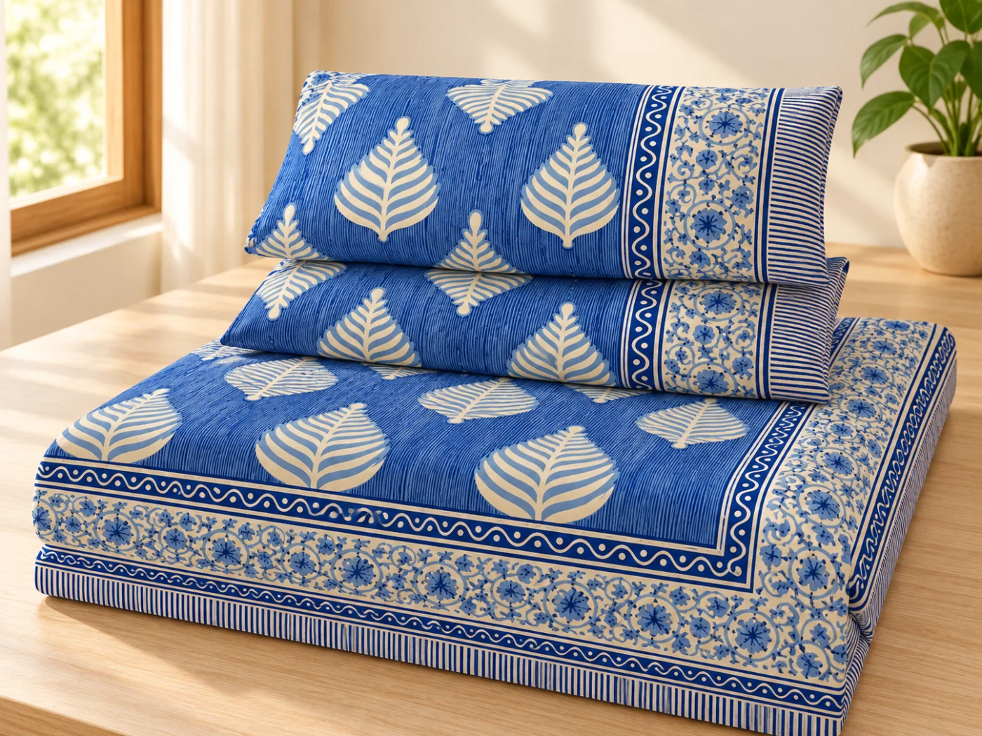 Folded blue and cream Hasthakala cotton bedsheet