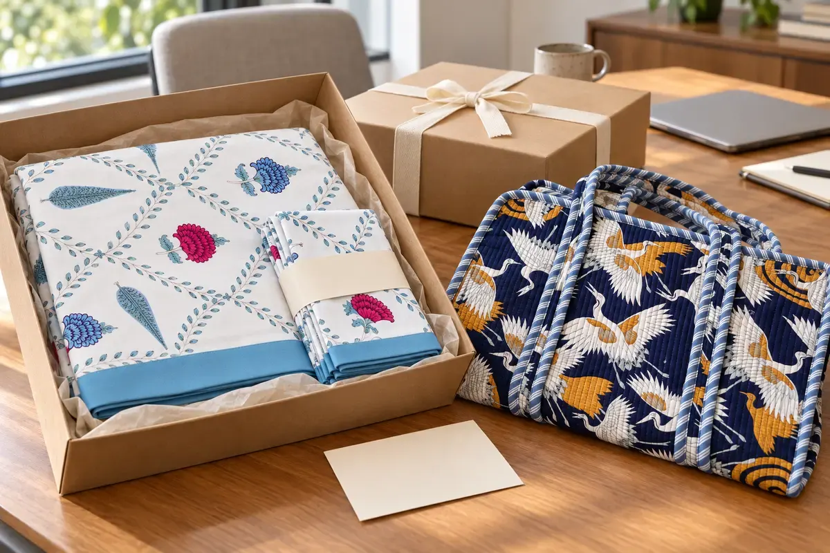 Illustrative corporate gifting concept with folded table linen and a quilted tote