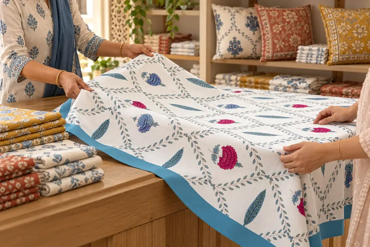 Illustrative scene of a retailer showing floral table linen across a boutique counter