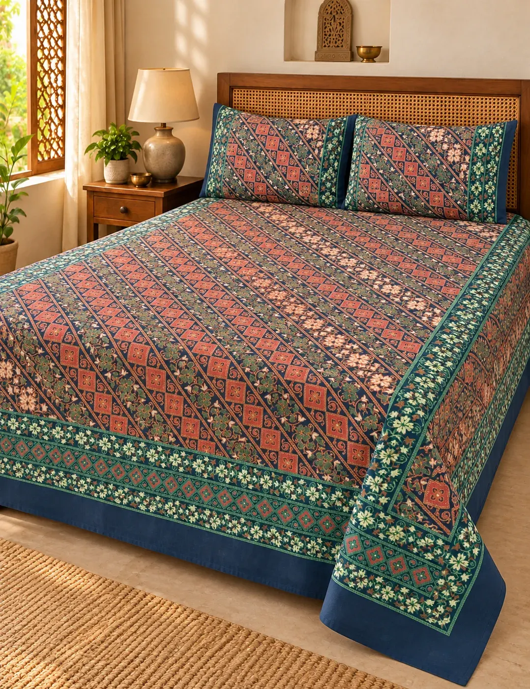 Green and rust Sanganeri printed cotton bedding in a warm bedroom