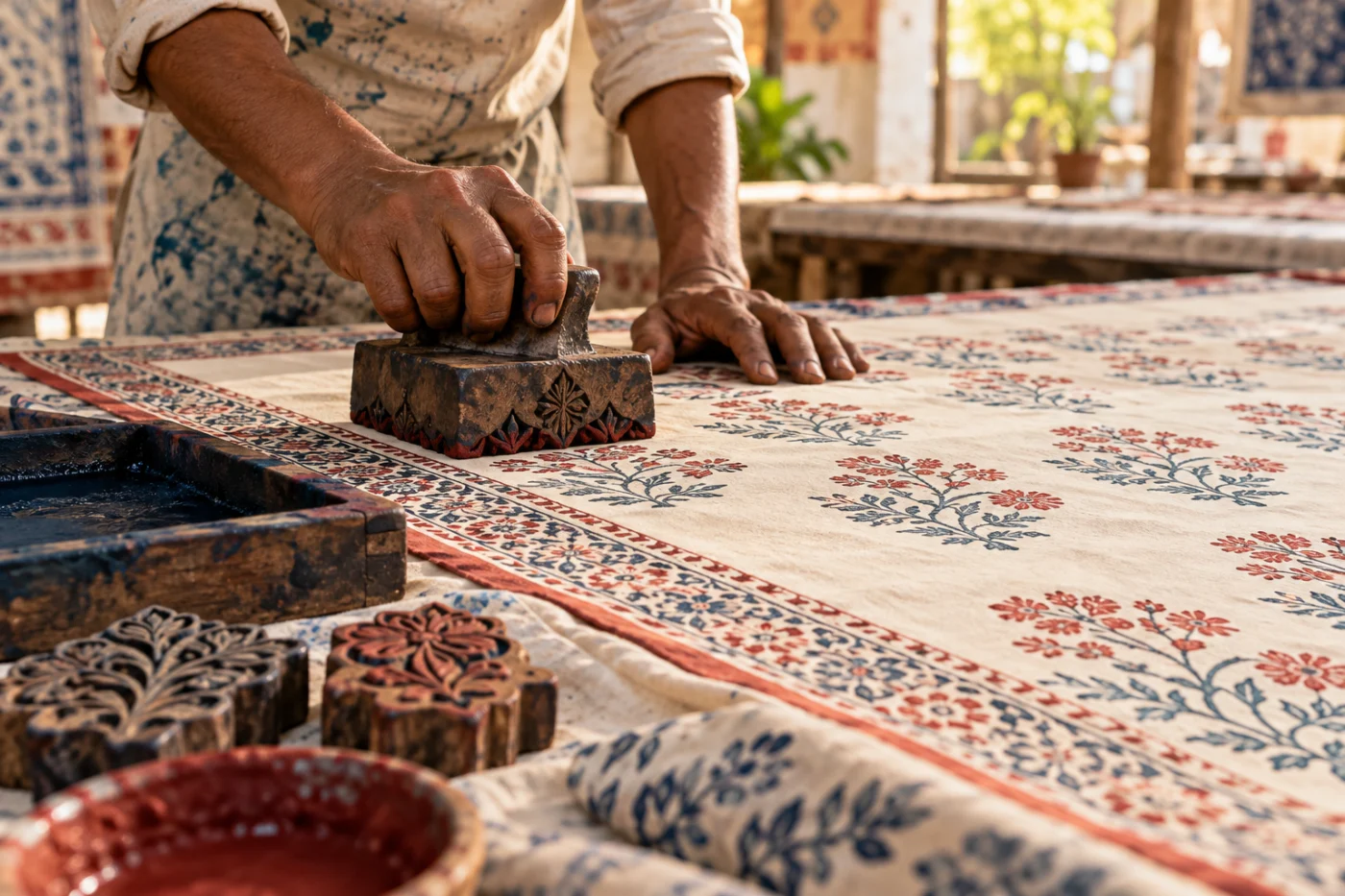 A carved wooden floral block being pressed by hand onto printed cotton fabric in a Jaipur workshop