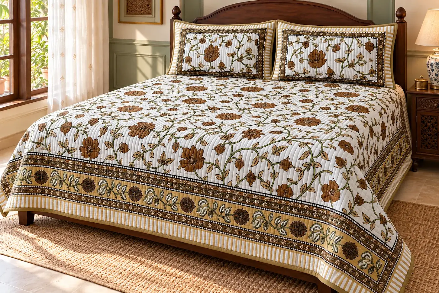 Floral Glory quilted cotton bed cover and matching pillows styled in a bedroom