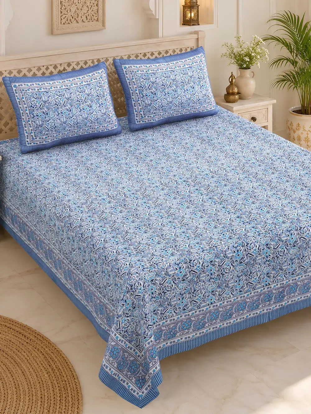Blue printed Vibrant cotton bedsheet with matching pillow covers