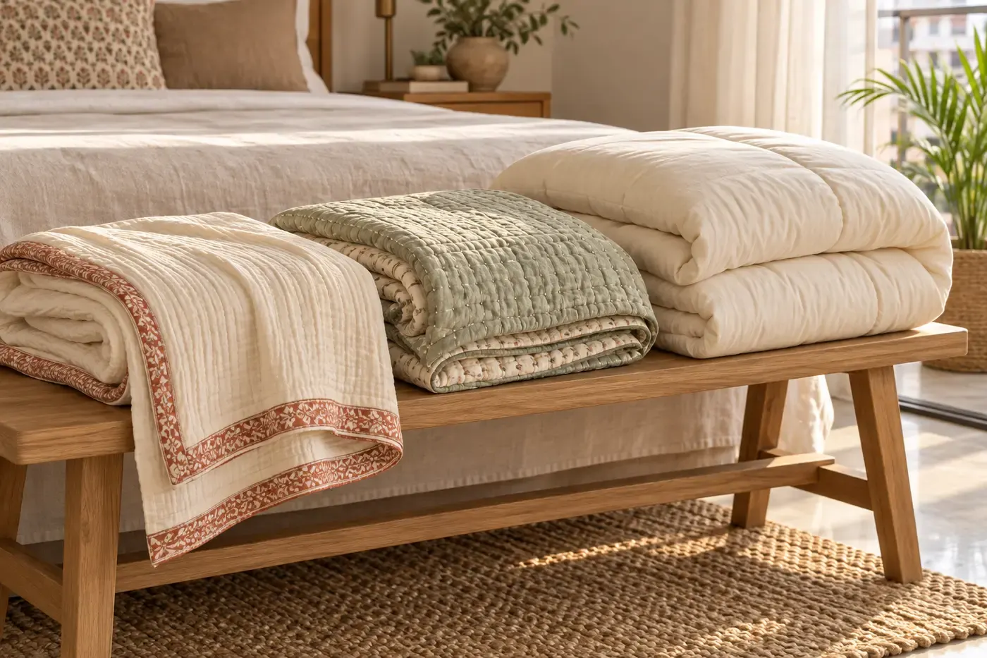 A light cotton cover, a stitched sage quilt and a fuller cream bedding layer arranged on a bench