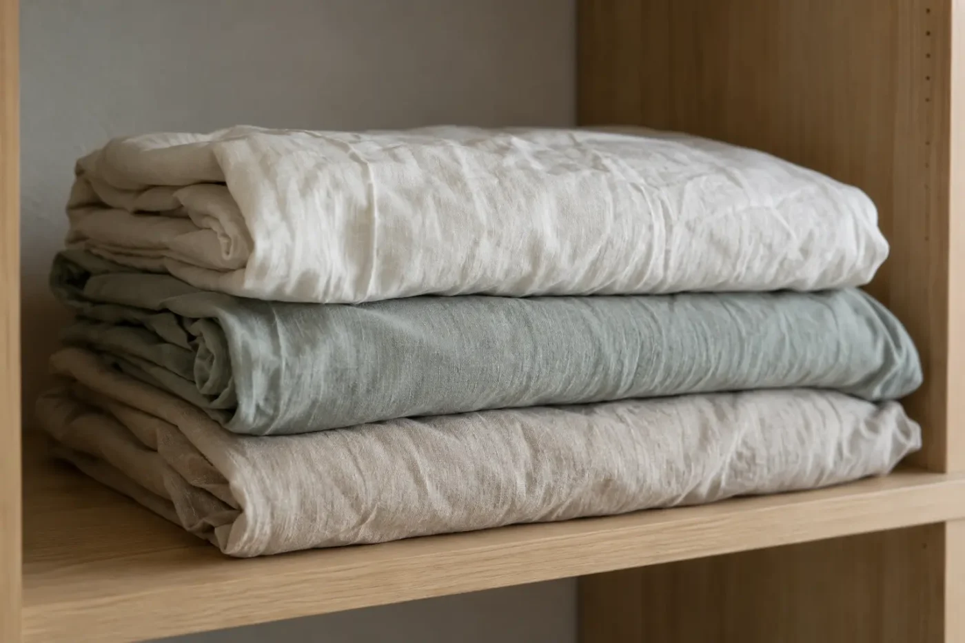 Freshly laundered cotton bedding folded loosely on a wooden shelf