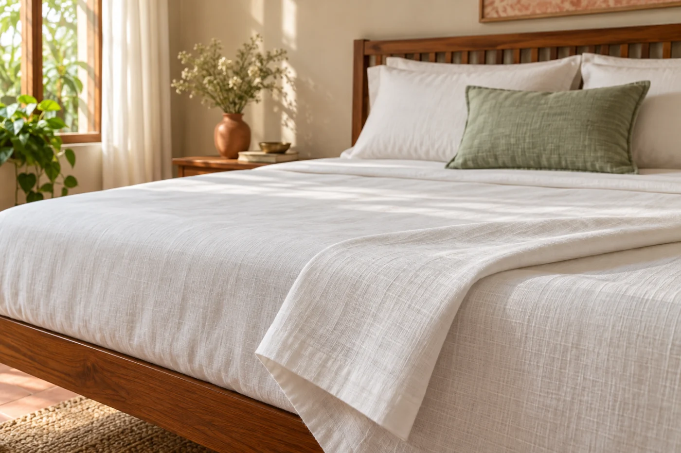 Natural cotton bedsheet in a warm, sunlit bedroom with a close view of the fabric texture