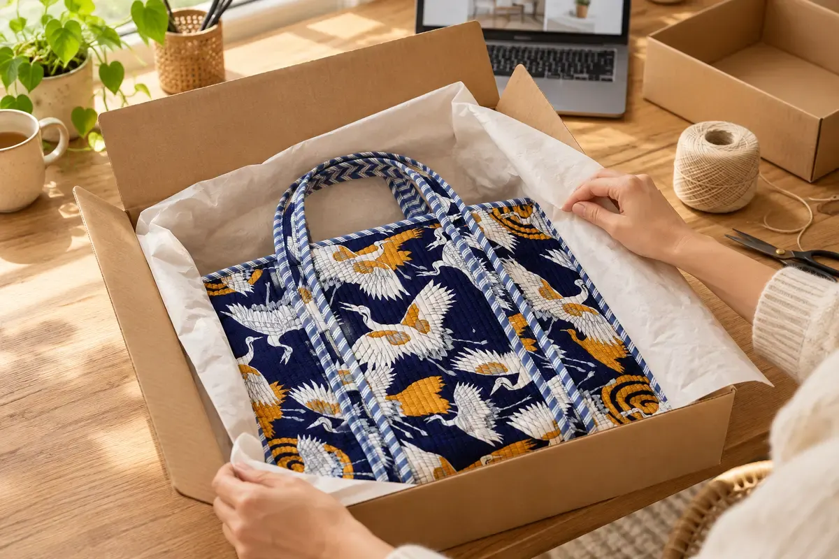 Illustrative packing scene with a quilted tote in a plain shipping box