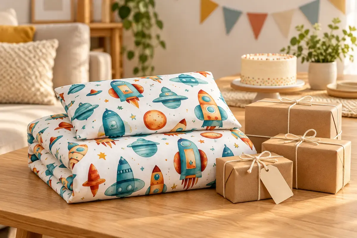 Illustrative birthday return-gift concept with children’s bedding and plain gift packages