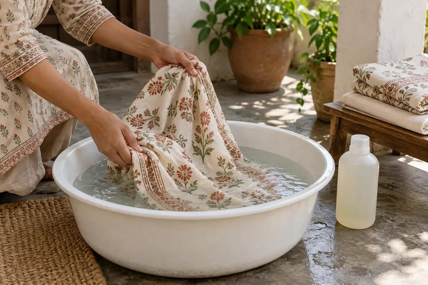 Illustration of gently handling a printed cotton textile in a washing basin