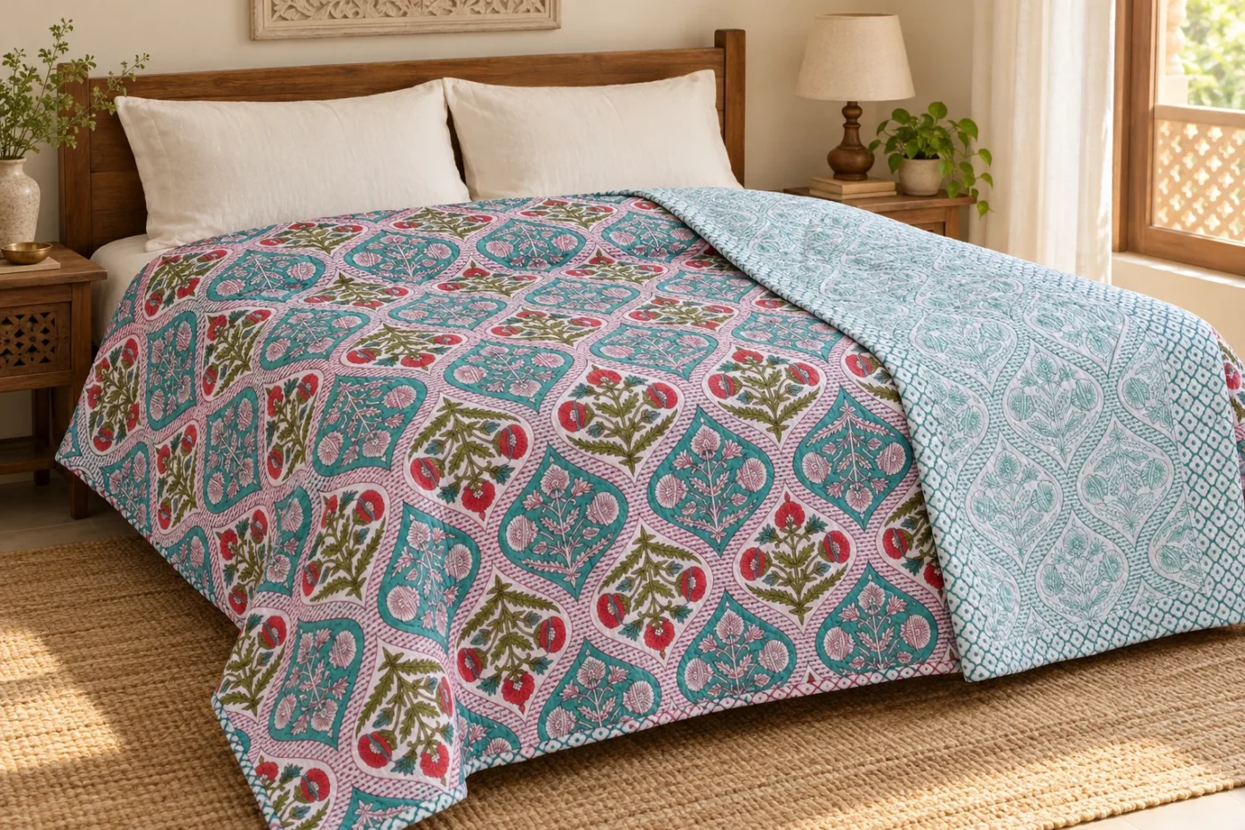 Floral reversible quilt styled on a double bed; illustrative lifestyle scene