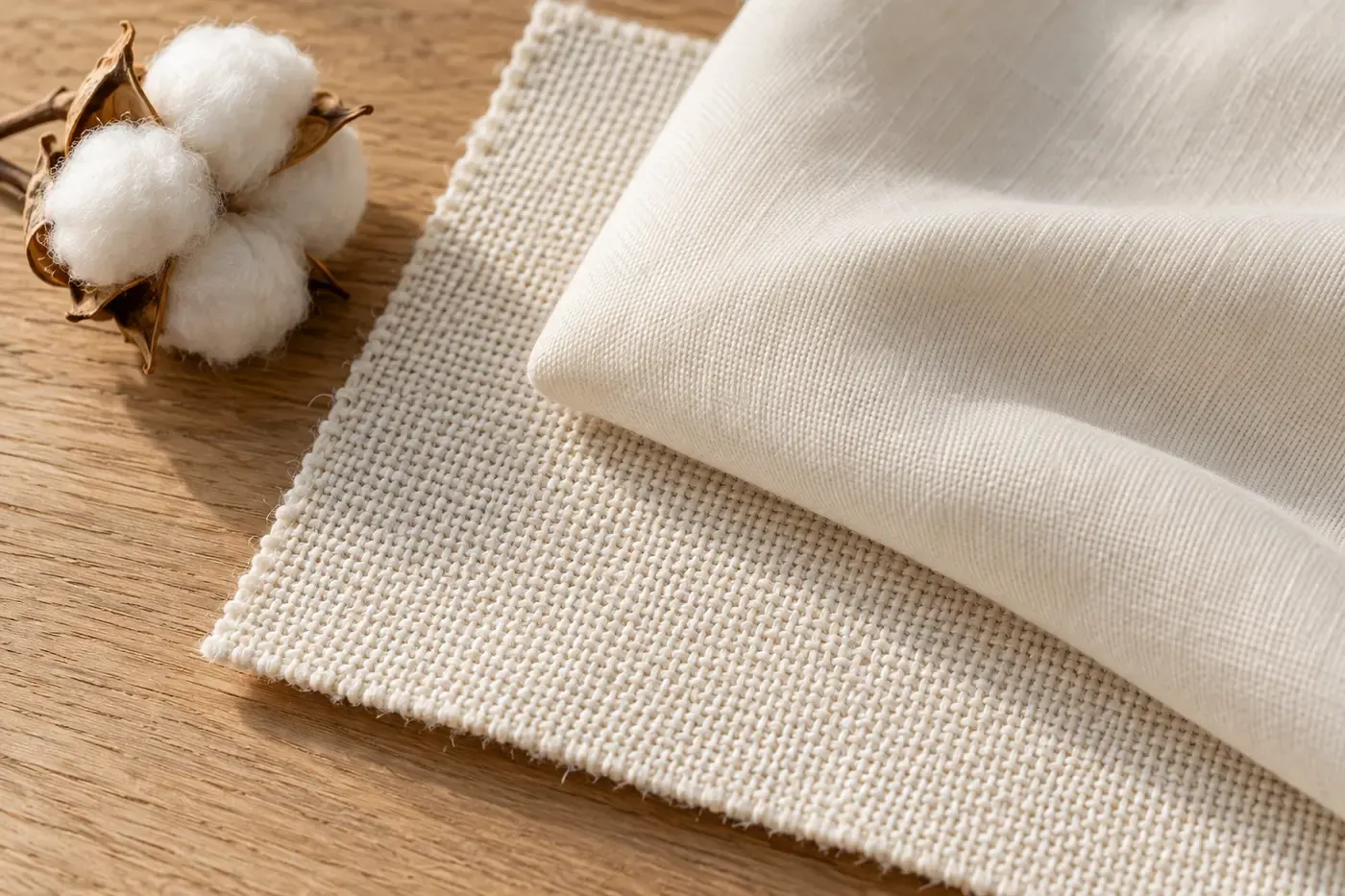 Illustrative close view of cream cotton weave textures
