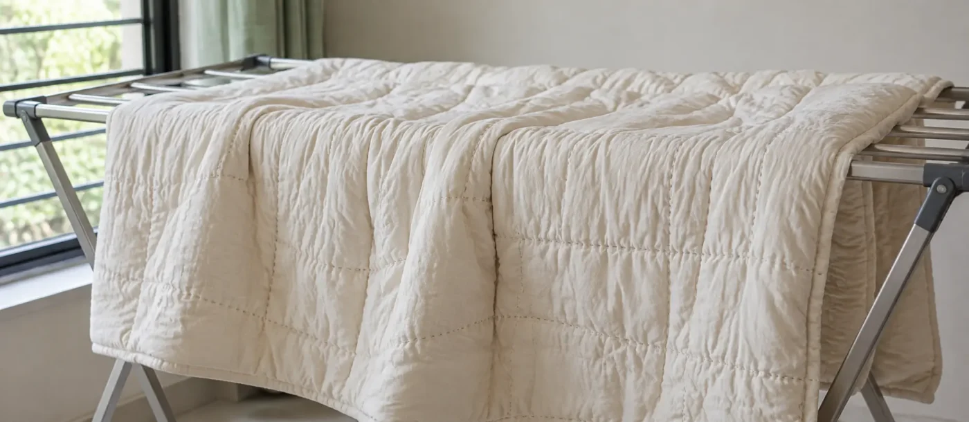 Cotton quilt supported across a drying rack in indirect daylight