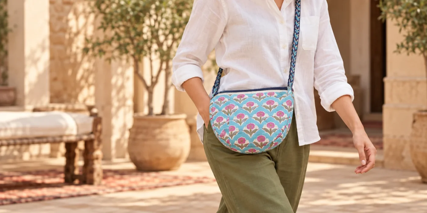Printed sling bag worn across the body in a courtyard