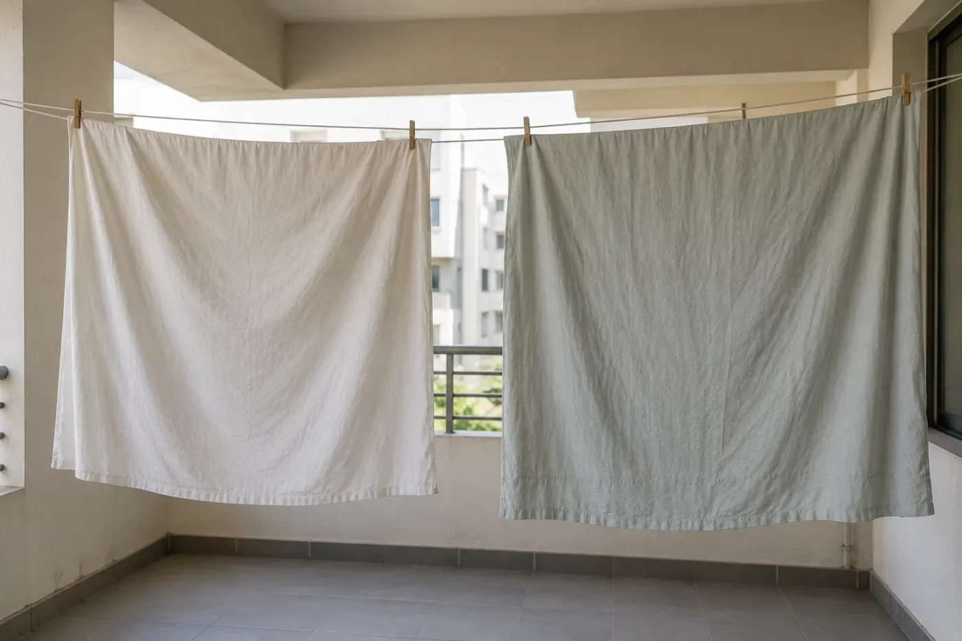 Cotton bedding air drying on a shaded apartment veranda