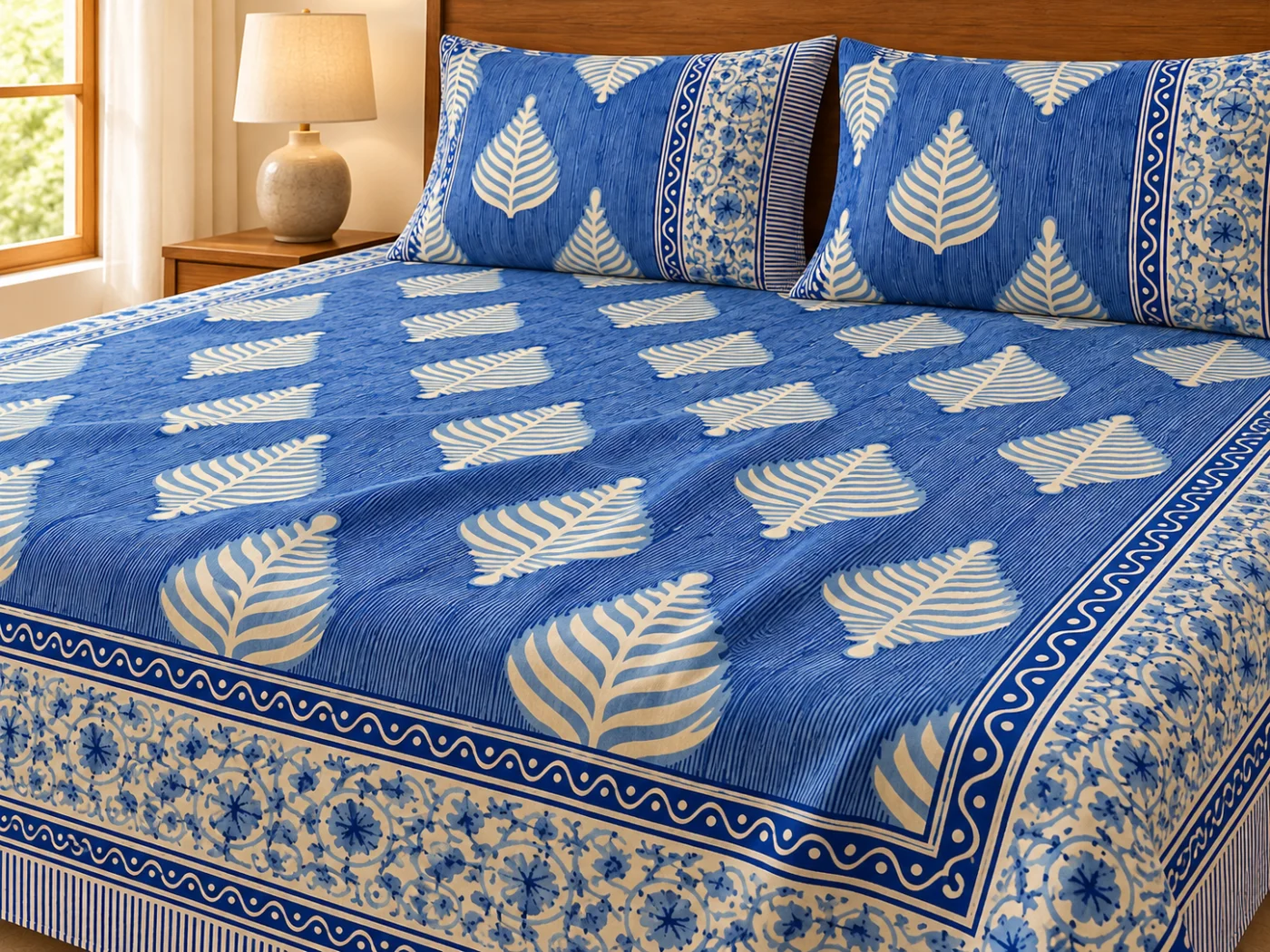 Close view of the blue and cream Hasthakala floral print