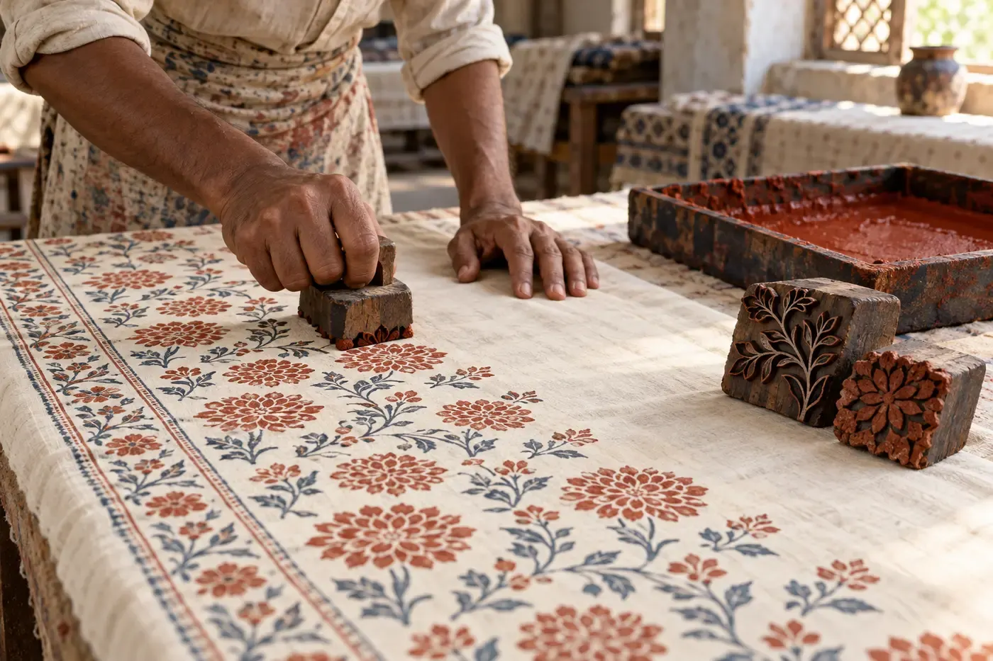 Illustration of a wooden printing block being applied to floral cotton