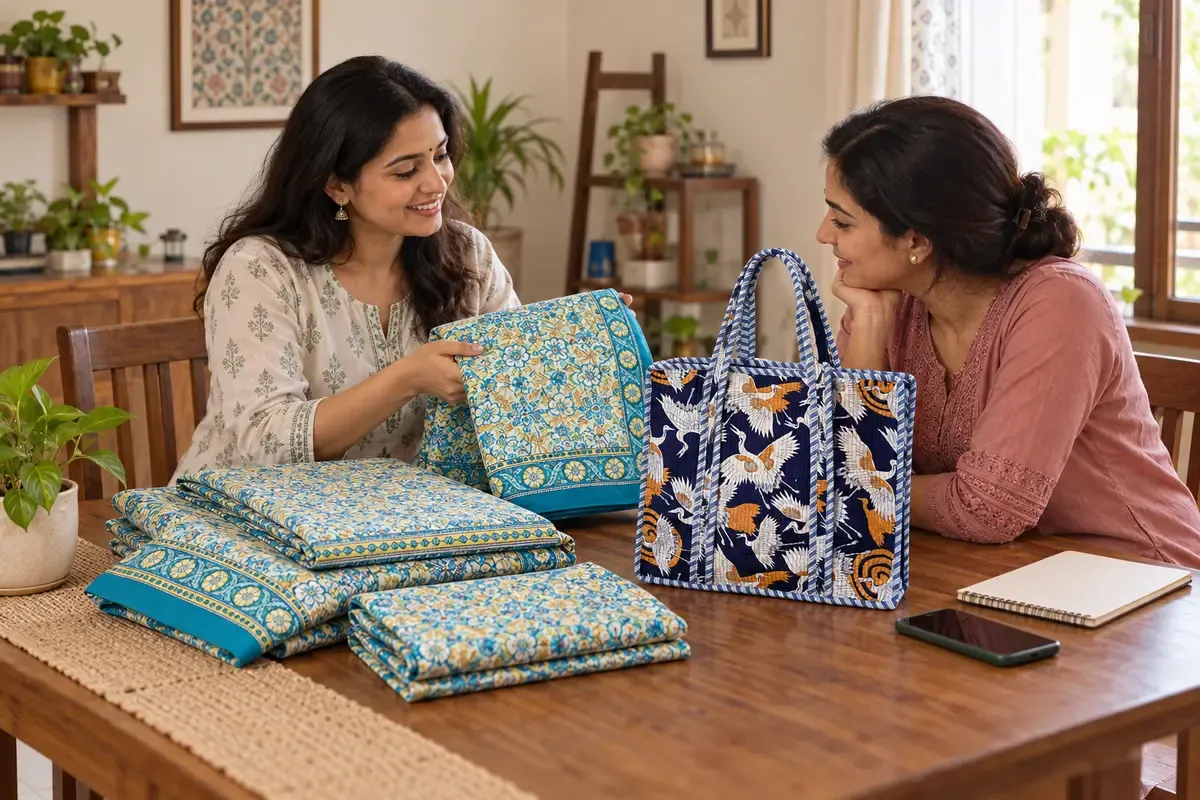 Illustrative scene of two women discussing folded cotton textiles for a home reselling business