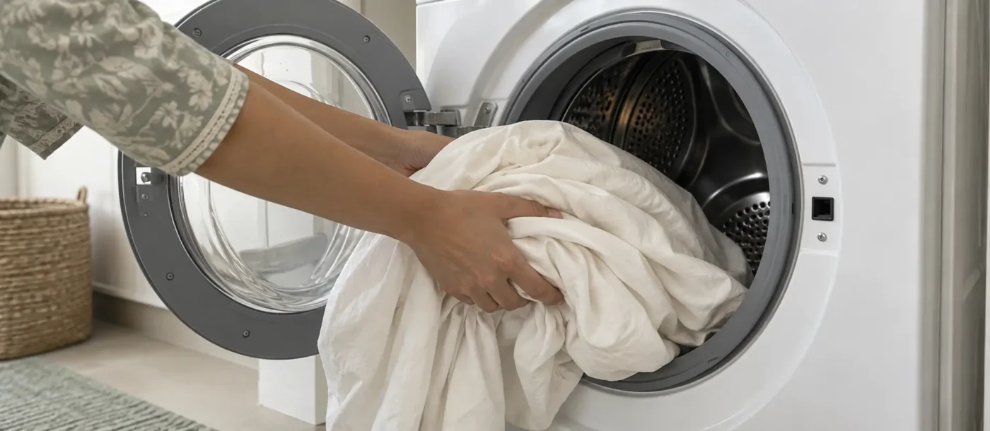 Hands placing a cotton bedsheet loosely into a washing machine
