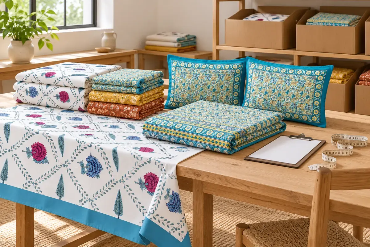 Illustrative textile trade sourcing scene with fabric samples, folded bedding and cartons