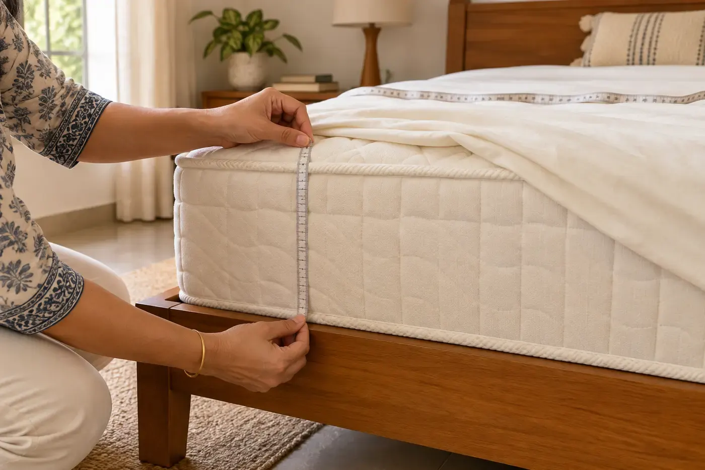 Measuring the side of a deep mattress before choosing a bedsheet