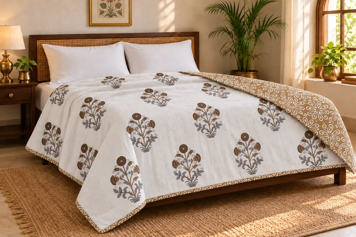 Cosmos reversible dohar showing the front print and turned-back reverse